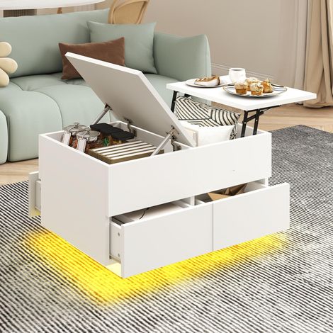 Table Basse Relevable Multifonctionnelle, Table de Salon à LED, avec éclairage LED et Rangement caché, idéale pour Le Salon, 80x55x46 cm, Blanc (1/5)
