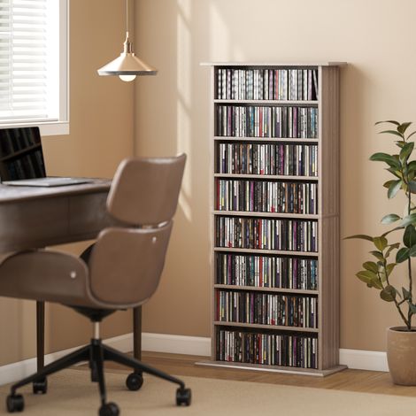 CD- und DVD-Aufbewahrungsschrank mit 8 Fächern und 6 verstellbaren Einlegeböden, maximale Kapazität 360 CDs/185 DVDs und Blu-rays, natur