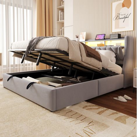 Letto contenitore 180x200 cm in velluto grigio chiaro con testiera LED OKMYHOME (1/5)