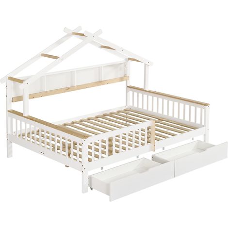 Cama infantil 140 x 200 cm de pino y MDF, blanca y natural, con techo, barandillas y 2 cajones (1/5)