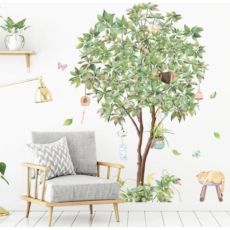 Stickers muraux végétaux tropicaux, arbres verts, oiseaux sur arbres, feuilles vertes amovibles, décoration murale pour chambre, salon, canapé (D)