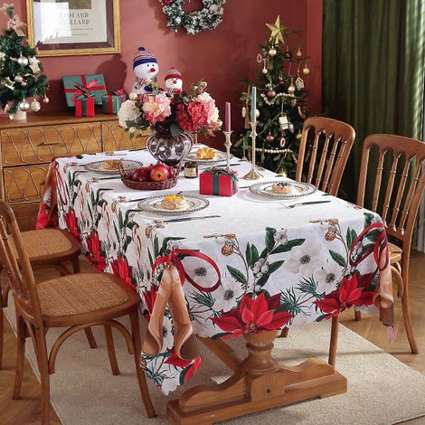 Nappe de Noël rectangulaire en polyester imperméable, imprimée numériquement, 20150 x 180 cm, 400 g/m², idéale pour les fêtes et les réunions de famille. (1/5)
