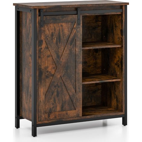 Mobile contenitore in stile rustico con anta scorrevole e ripiani regolabili, Credenza multiuso per cucina Marrone (1/4)