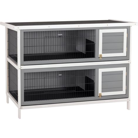 Cages pour petits animaux, adaptées aux cobayes et aux lapins nains, à deux étages, en bois, grises. (1/5)