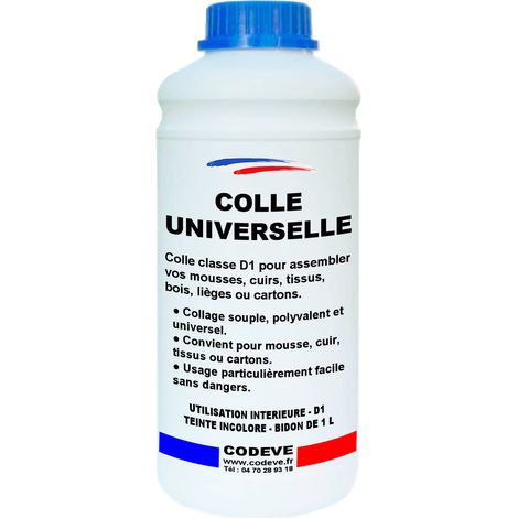 Codève Bois – Colle multi-usage 1 L – Pour cuir, tissu, bois, liège, mousse, carton – Collage souple et ininflammable – Prêt à l'emploi pour 6 à 9 m2