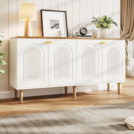 Buffet bas enfilade, 140x35x71 cm, meuble de rangement salon salle à manger, style scandinave, relief 3D 4 portes 6 pieds, Blanc (1/5)