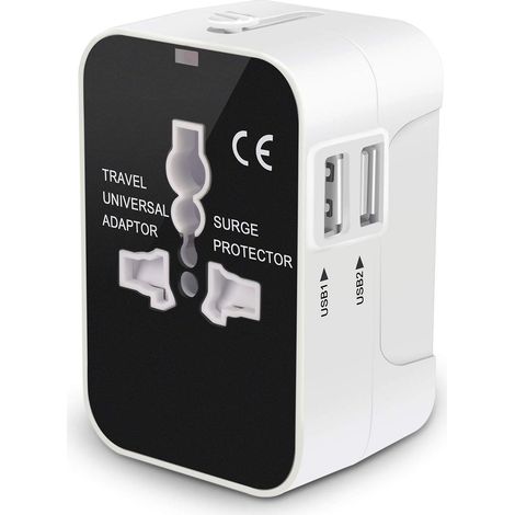 Adaptateur de voyage, adaptateur secteur universel tout-en-un dans le monde entier, prise secteur, chargeur mural international avec deux ports de charge USB pour téléphone portable US EU UK AUS Europ (1/5)
