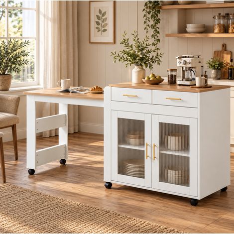 MODFU – Isola cucina 116-177 cm in truciolato con tavolo allungabile, prese USB-A/USB-C, vani contenitore e carico 60 kg – Bianco (1/5)