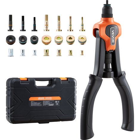 Riveteuse Manuelle 34 cm, Kit d'Outils à Riveter Complet, pour Bricoleur Installation et Réparation Maison, Pince à Écrous à Sertir avec 7 Mandrins Métriques et SAE, 70 Écrous, avec Mallette (1/5)