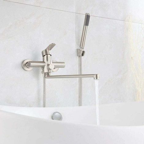 Badewannenarmatur mit runder Handbrause, Wandmontage, Mischbatterie, gebürsteter Edelstahl, Duscharmatur für Badezimmer (1/4)