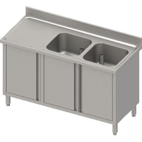Meuble Inox Double Evier et Egouttoir Lisse - Porte Battante - Profondeur 700 - Stalgast