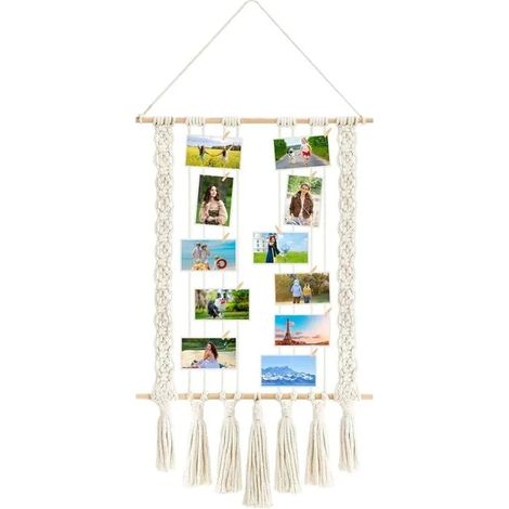 Support Photo Mural 30 Clips en Bois Macrame, présentoir suspendu avec guirlande, décoration bohème pour chambre, salon, dor - Beige (1/5)