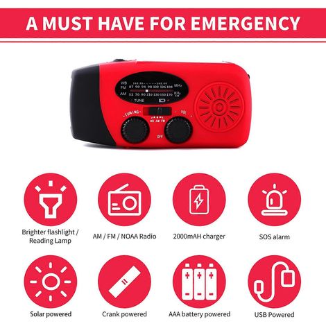 Radio d'urgence solaire à manivelle, idéale pour la survie en extérieur (randonnée, escalade), batterie externe 2000 mAh, lampe torche et lecture. (1/5)