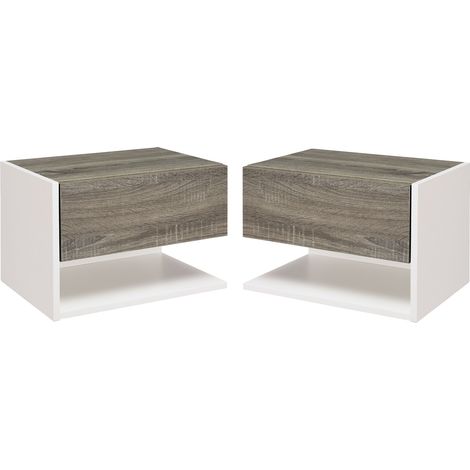 Lot de 2 tables de chevet murales suspendues - tables de nuit avec tiroir coulissant - en bois bicolore aspect chêne clair et blanc (1/5)