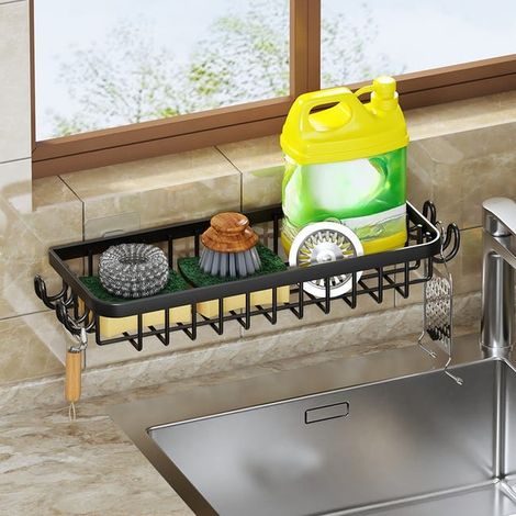 Portasciugamani da cucina con ripiano e ganci – Pratico supporto in acciaio al carbonio per spugna, spazzola e panni, bianco, 40144,5 cm (1/4)