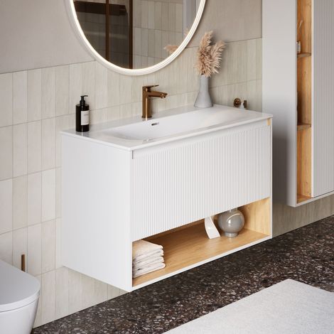 BERNSTEIN - Meuble vasque suspendu MDF Blanc mat, lavabo Blanc brillant + trou robinet, trop plein & Bonde - 103x49x62cm - BELDIVO (1/5)