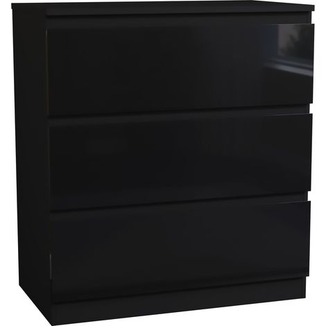 Glinton 3 Drawer Chest of Drawers High Gloss Bedroom Storage Furniture, 100% FSC, Black