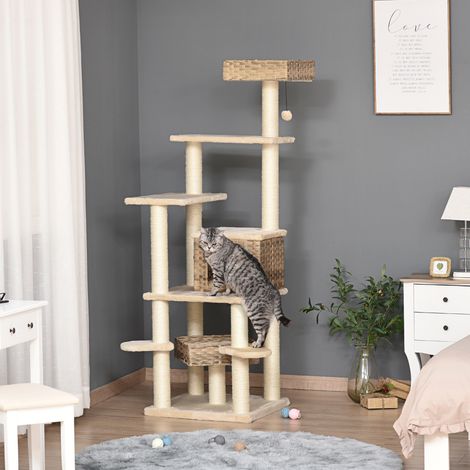 PawHut Rattan Kratzbaum mit Katzenhöhle Mehrstufiger Katzenbaum Kletterbaum für Katzen E1 MDF Sisal Beige+Braun 55 x 55 x 174 cm