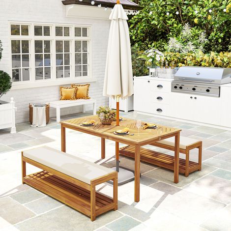 Ensemble meubles jardin 3 pièces salon table manger trou parapluie + 2 bancs 150x85x75cm teck (1/4)