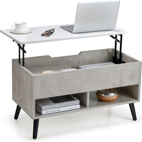 Tavolino da caffè moderno con scomparto nascosto e 2 scaffali aperti, Tavolino in legno per soggiorno Grigio (1/4)