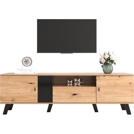Meuble TV 170cm - 1 tiroir 1 niche 2 portes - Naturel & Noir (1/5)