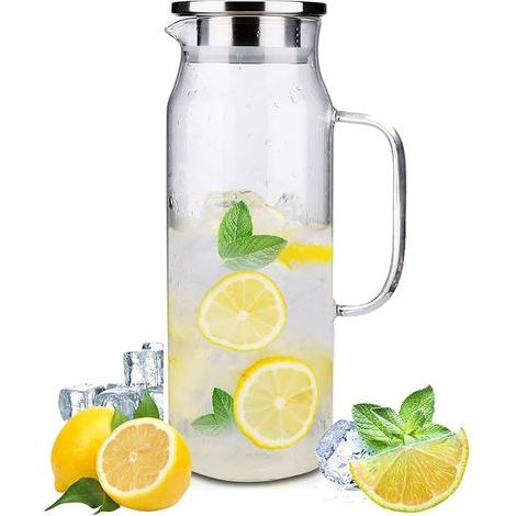 1.5 Litre/50.7 Onces Carafe Eau avec Couvercle et Anse, Pichet Verre Borosilicaté Transparent pour Eau Chaude Froide,Cruche Jus Fruits Résistant Chaleur, Carafe Boissons pour Lait, Café,Vin,Thé Glacé