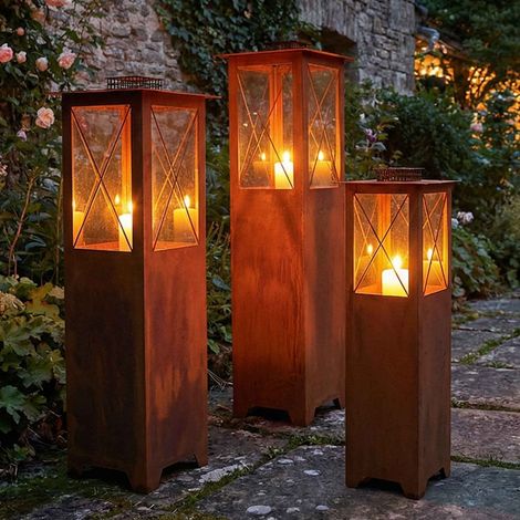Lanterne Tempête en Acier Corten Effet Rouille avec Insert en Verre pour Jardin et Terrasse - PANGIVO