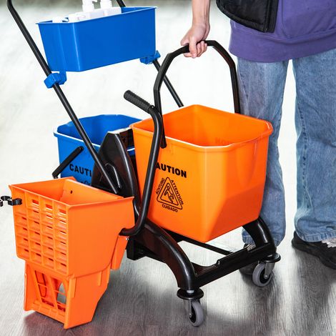 Carro de limpieza, carro de lavado profesional con escurridor lateral, cubo de 26 L + cesta de almacenamiento, 78 x 45 x 95 cm, naranja