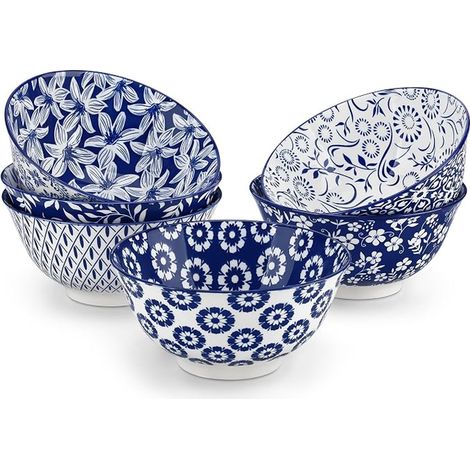 SELENE Series - Set of 6 Porcelain Cereal Bowls 720ml - Chinese Style Blue and White - Breakfast Bowl for Cereal, Salad, Soup, Ramen, Fruit or Dessert (1/5)
