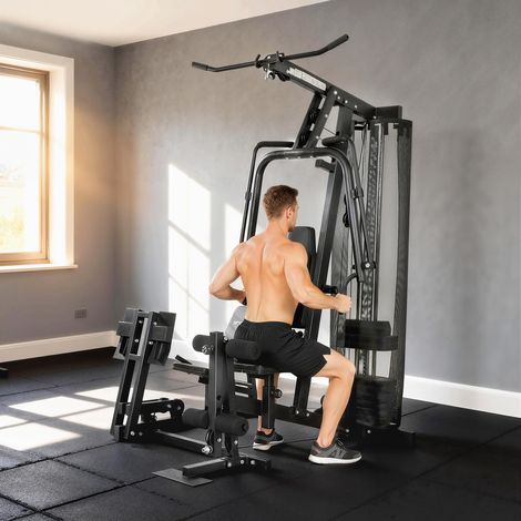 Estación de entrenamiento con jaula de potencia, polea alta, barra mariposa, pesas de 65 kg y cuerda de hasta 120 kg. (1/5)