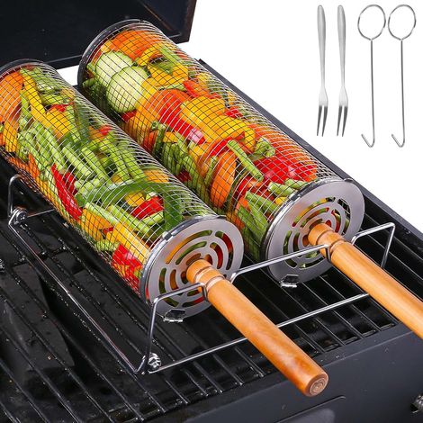 Grille cylindrique rotative en acier inoxydable (2 pièces) avec poignée en bois amovible. Accessoire barbecue idéal pour le camping et les grillades (1/5)
