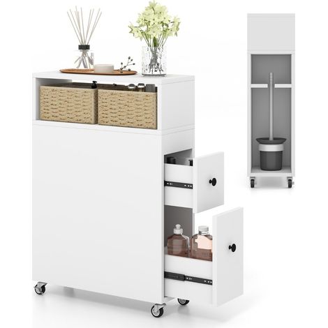 Meuble de rangement de salle de bain blanc avec 2 tiroirs coulissants et 2 paniers en rotin, 4 roues pour petite salle de bain et WC (1/5)