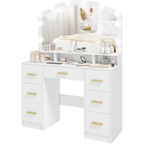 Coiffeuse avec 10 lampes LED style Hollywood, miroir, 7 tiroirs, 3 compartiments, MDF, blanc (1/5)