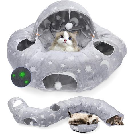 Round Cat Tunnel with Washable Cushion, Built-in Toys, Foldable Structure for Small Pets (1/5)