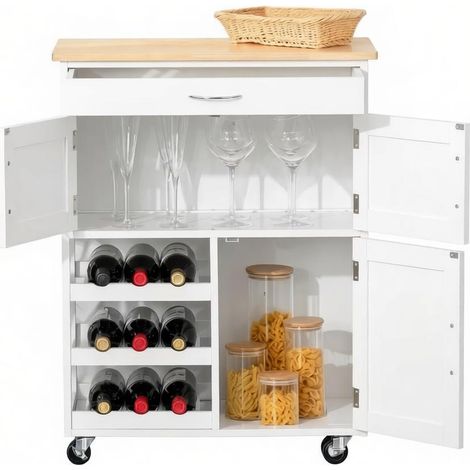 Desserte de Cuisine à Roulettes avec 3 Portes, 1 Tiroir et Casier 9 Bouteilles en MDF, 67 x 37 x 87 cm, Blanc (1/5)