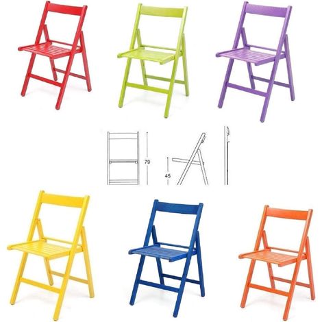 6 Sedie pieghevoli in legno colorate listellare Rosso,Verde,Viola,Giallo,Blu,Arancione
