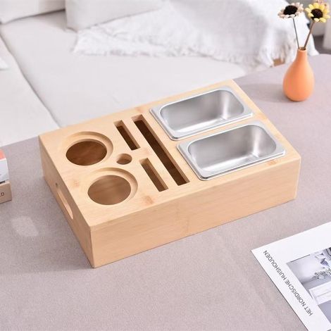 Couchbar - Snackbox - Organisateur de canapé en bambou avec 3 bols à goûter et 2 porte-gobelets - 1 pièce - Marron naturel (1/4)