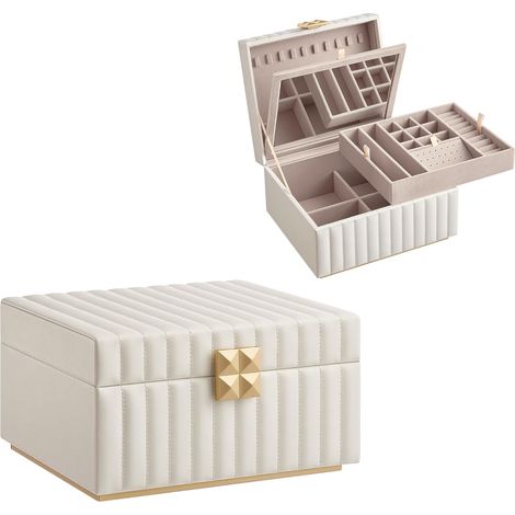 Portagioie a 2 livelli con specchio, organizer per gioielli, vassoio rimovibile, superficie in poliuretano con cuciture, effetto fluttuante, 21,6 x 24,9 x 13,5 cm, idea regalo.