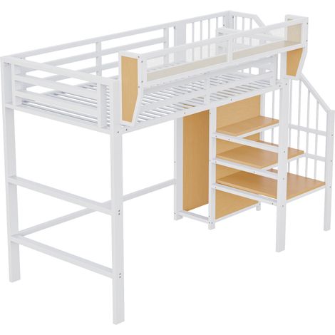 Hochbett 90 x 200 cm aus Metall und MDF, Weiß, mit Sicherheitsleiter und Ablagefach, MODENUIT (1/5)