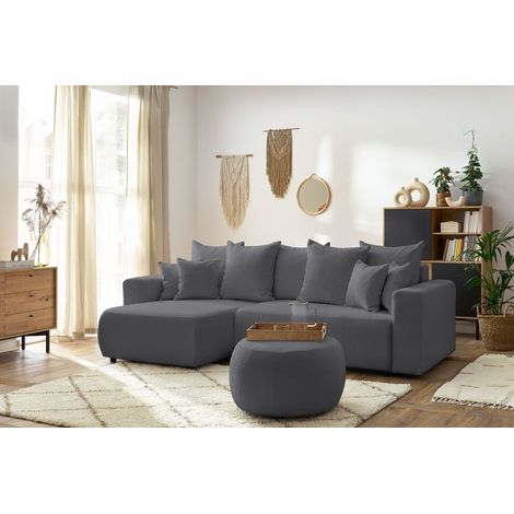 BOBOCHIC - Canapé d'angle réversible convertible coffre ENVY tissu bouclette doux avec pouf rond Gris foncé (1/5)