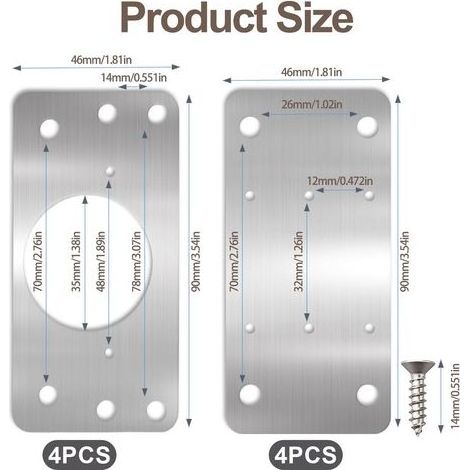 Plaque Reparation Charniere Porte Placard, 8 Pièces Réparation Charnières Meuble Cuisine Quincaillerie Plate Inoxydable Kit de Renforcement Fixation Porte avec Vis pour Bois Étagère Armoire (9046mm) (1/5)
