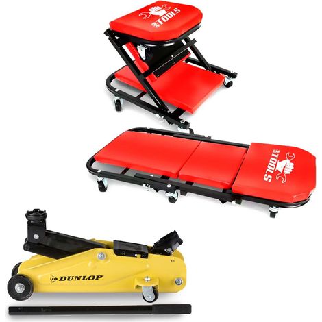 Chariot de Visite BM TOOLS Convertible Siège d'Atelier & Cric Rouleur Hydraulique Compact DUNLOP 2T - Transformable en Tabouret (1/5)