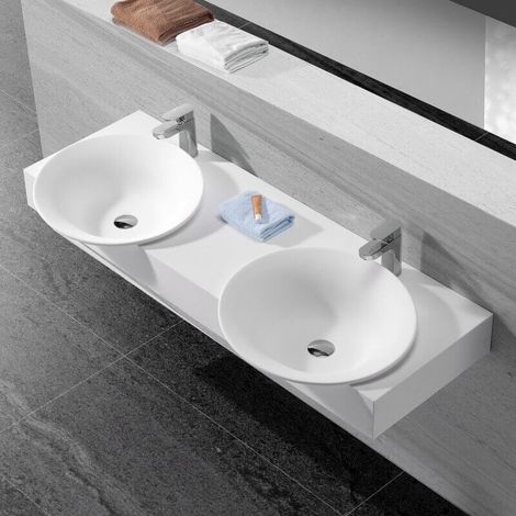 Lavabo Suspendu Double Vasque Solid surface Blanc Mat 140x45cm -Effect (1/5)