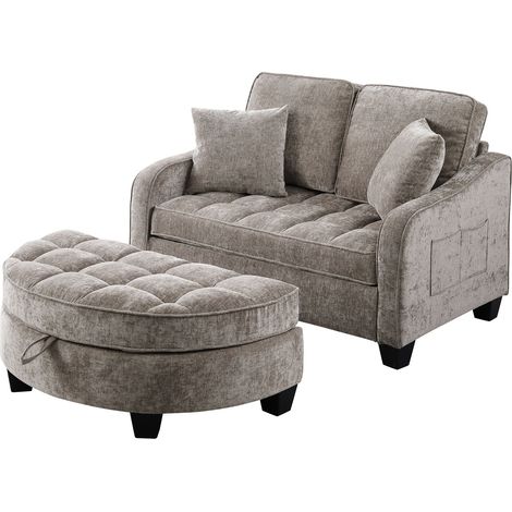 Canapé Convertible 2 Places Compact avec Pouf de Rangement, Tissu Respirant, Bois d'Eucalyptus, Marron (1/5)
