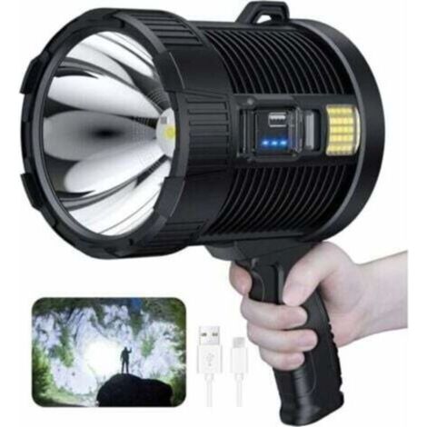 Projecteur rechargeable, 100000 lumens Led projecteur à main grande lampe de poche projecteur solaire extérieur super lumineux, avec lampe Cob, 6 modes, étanche IPX5 (noir)--