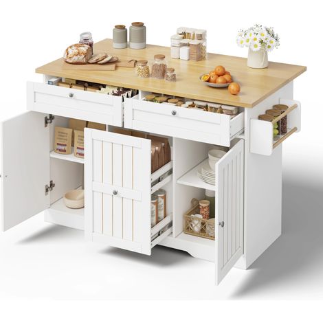 Îlot de Cuisine Mobile 120×45(70)×92 cm  Plateau Rabattable, Tiroirs et Roulettes Verrouillables Blanche