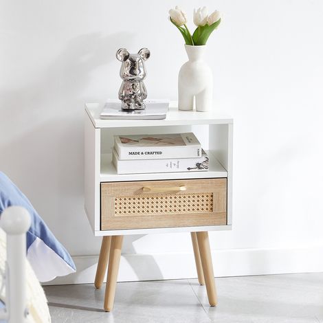 Table de chevet 40x30x56 cm blanche, avec tiroir et niche, effet rotin, MDF MEUBLIV (1/5)