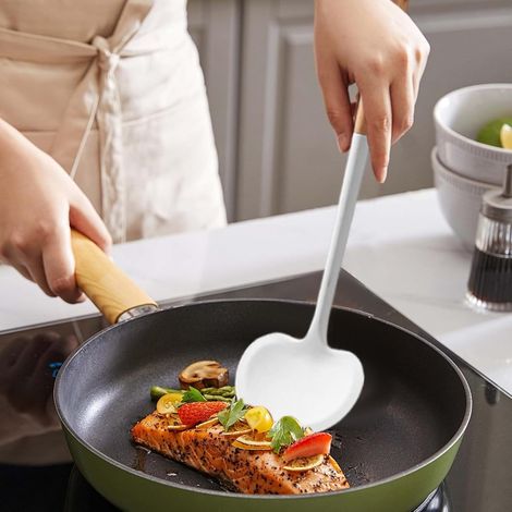 Spatola da cucina in silicone, 34 cm, manico lungo, antiaderente, resistente al calore, per girare uova, pancake, pesce fritto, grigliate (1/4)