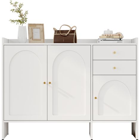 Meuble à chaussures avec 3 portes et 2 tiroirs – commode à chaussures avec poignées en métal, grand espace de rangement, dispositif anti-basculement pour entrée/hall, blanc, dimensions: L120/H90/P35 c (1/5)