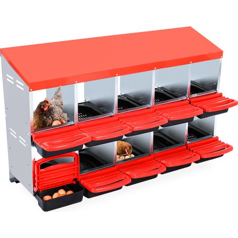 Poulailler pratique : nichoir métal 10 compartiments avec rampe œufs – pose mur ou sol, rouge (1/5)
